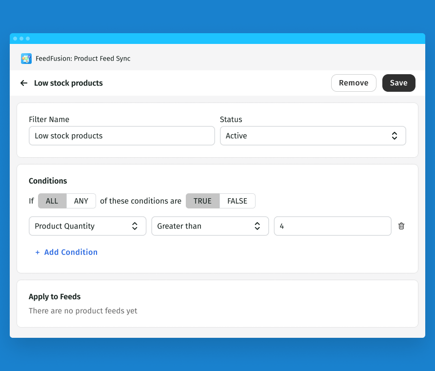 image showing a filtering option in feedfusion, useful to get product feeds from Shopify