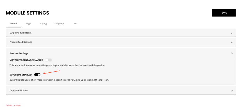 Image showing the Module Settings and how to enable the Superlike